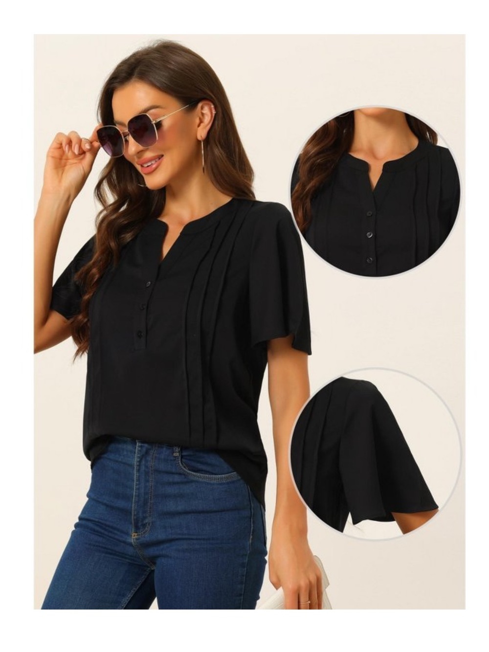 Allegra K Women's Dressy Casual V Neck Business Work Short Sleeve Button Down M